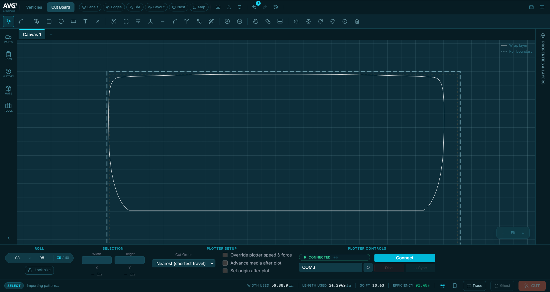 ShopCut connected to a plotter over COM3, with cut order, speed and force controls ready to send a job