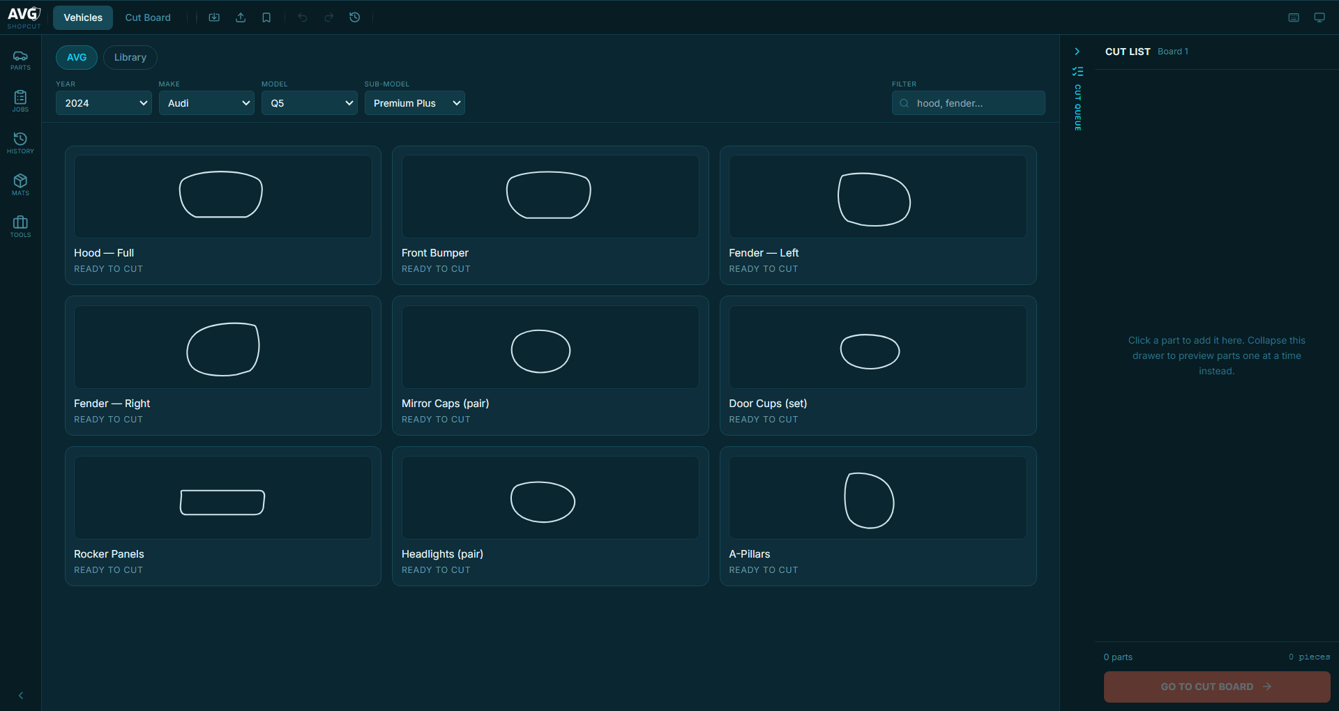 Vehicle template picker filtered to a make and model, showing panel templates ready to add to the cut list